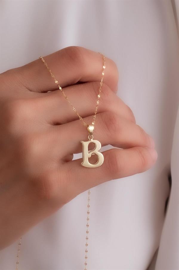 14K Solid Gold B Letter Cute Necklace