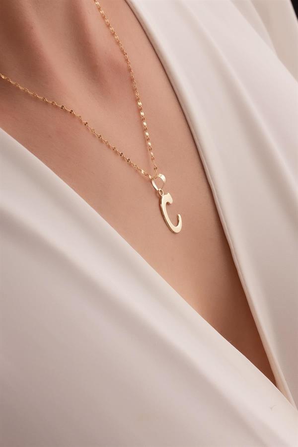 14K Solid Gold C Letter Cute Necklace