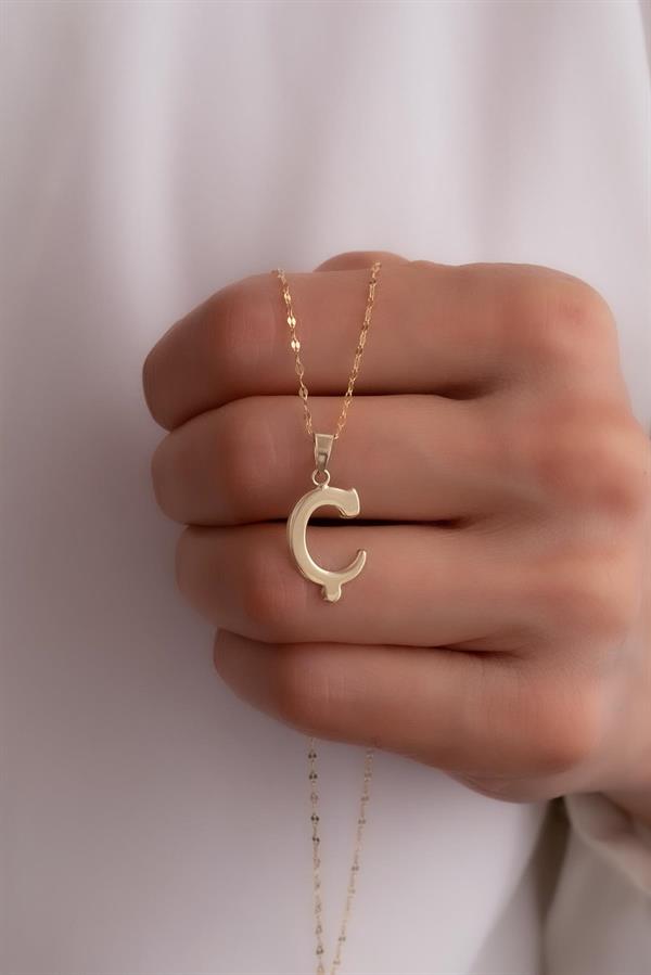 14K Solid Gold C Letter Cute Necklace