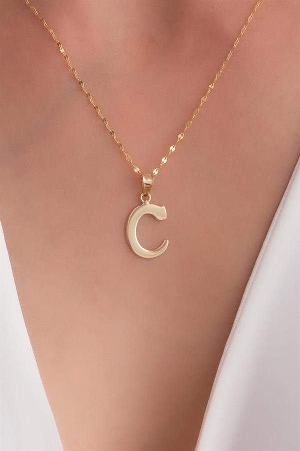 14K Solid Gold C Letter Cute Necklace