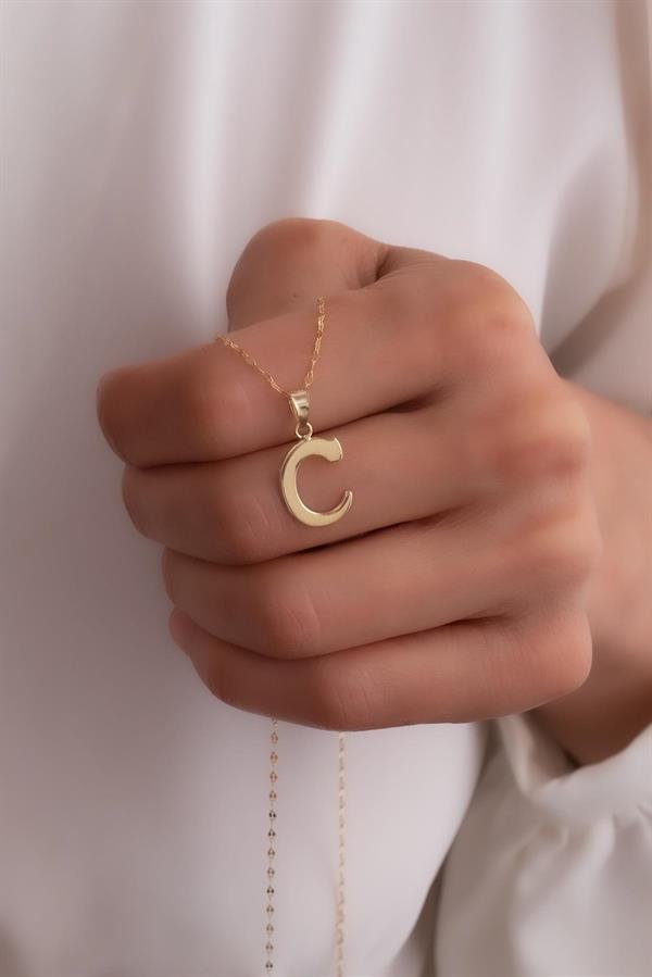 14K Solid Gold C Letter Cute Necklace