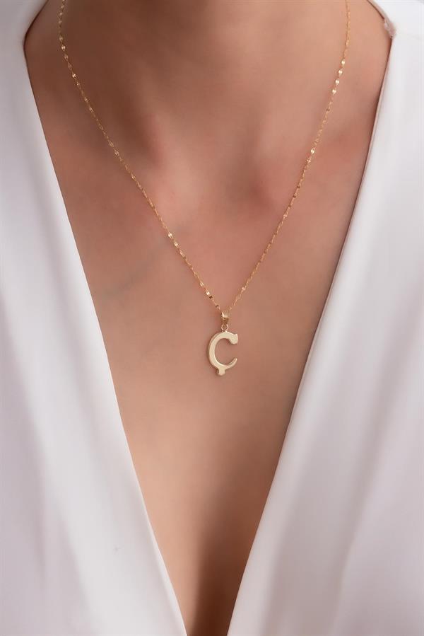 14K Solid Gold C Letter Cute Necklace