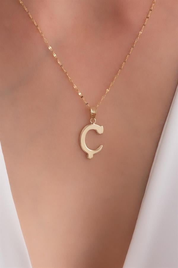 14K Solid Gold C Letter Cute Necklace