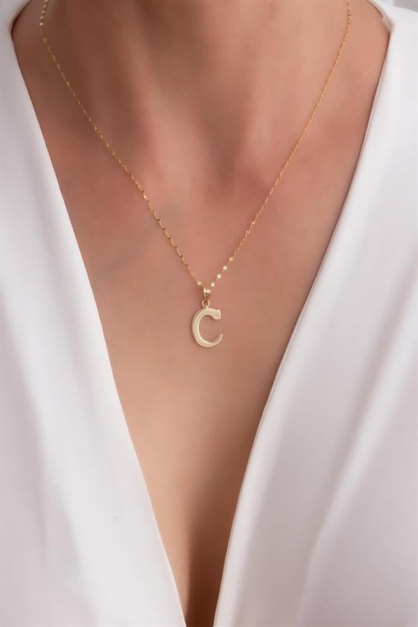 14K Solid Gold C Letter Cute Necklace
