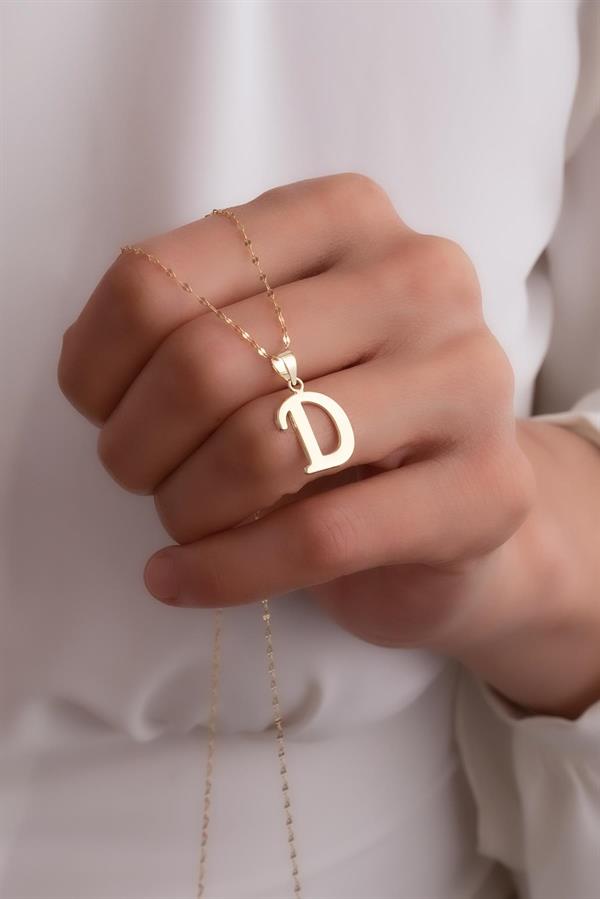 14K Solid Gold D Letter Cute Necklace