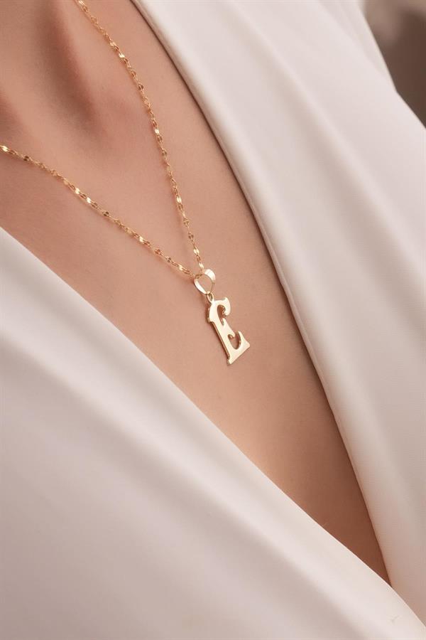 14K Solid Gold E Letter Cute Necklace