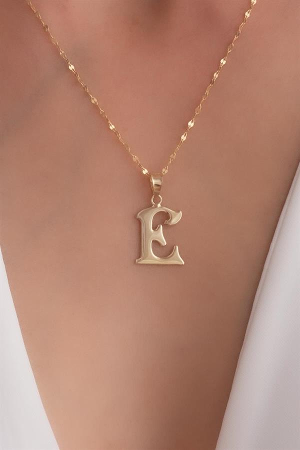 14K Solid Gold E Letter Cute Necklace