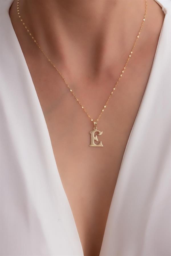 14K Solid Gold E Letter Cute Necklace
