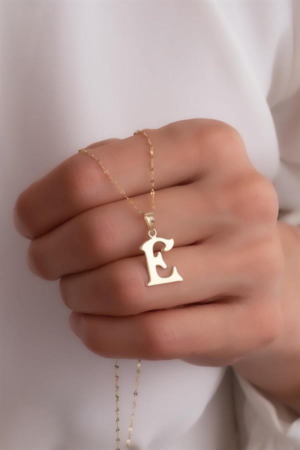 14K Solid Gold E Letter Cute Necklace