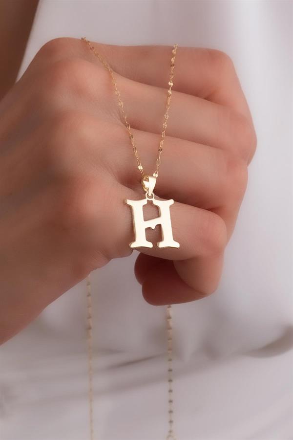 14K Solid Gold H Letter Cute Necklace