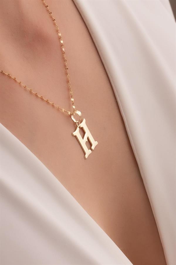 14K Solid Gold H Letter Cute Necklace