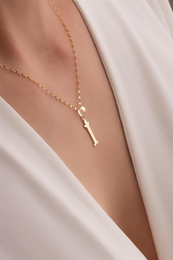 14K Solid Gold I Letter Cute Necklace