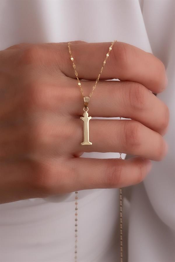 14K Solid Gold I Letter Cute Necklace