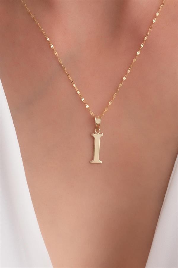 14K Solid Gold I Letter Cute Necklace