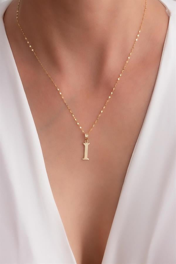 14K Solid Gold I Letter Cute Necklace