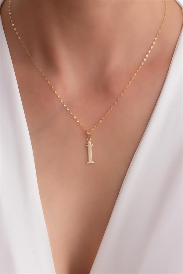 14K Solid Gold I Letter Cute Necklace