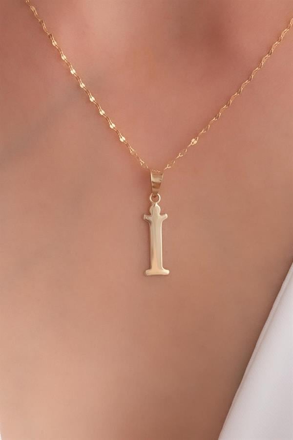 14K Solid Gold I Letter Cute Necklace