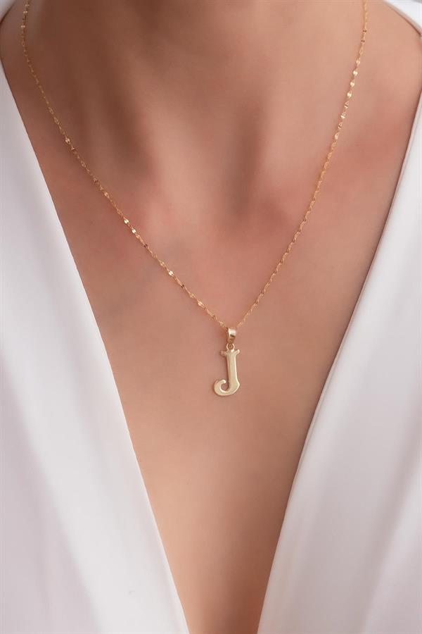 14K Solid Gold J Letter Cute Necklace