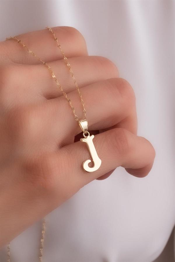 14K Solid Gold J Letter Cute Necklace