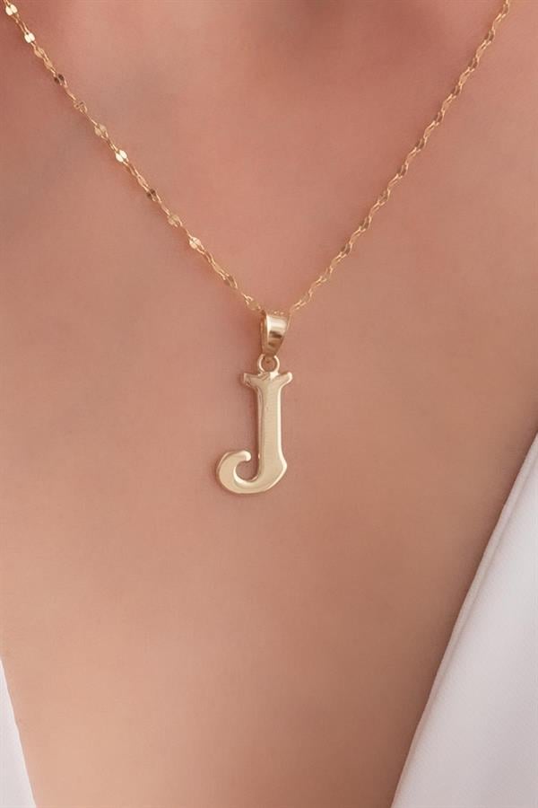 14K Solid Gold J Letter Cute Necklace