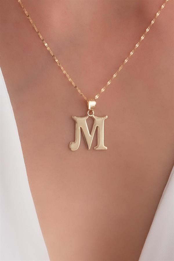 14K Solid Gold M Letter Cute Necklace