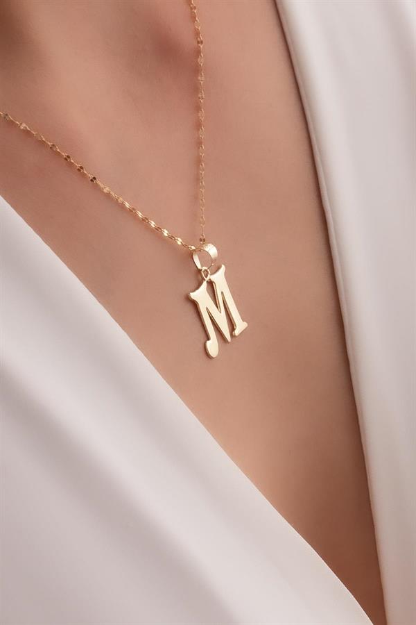 14K Solid Gold M Letter Cute Necklace