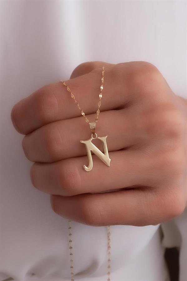 14K Solid Gold N Letter Cute Necklace