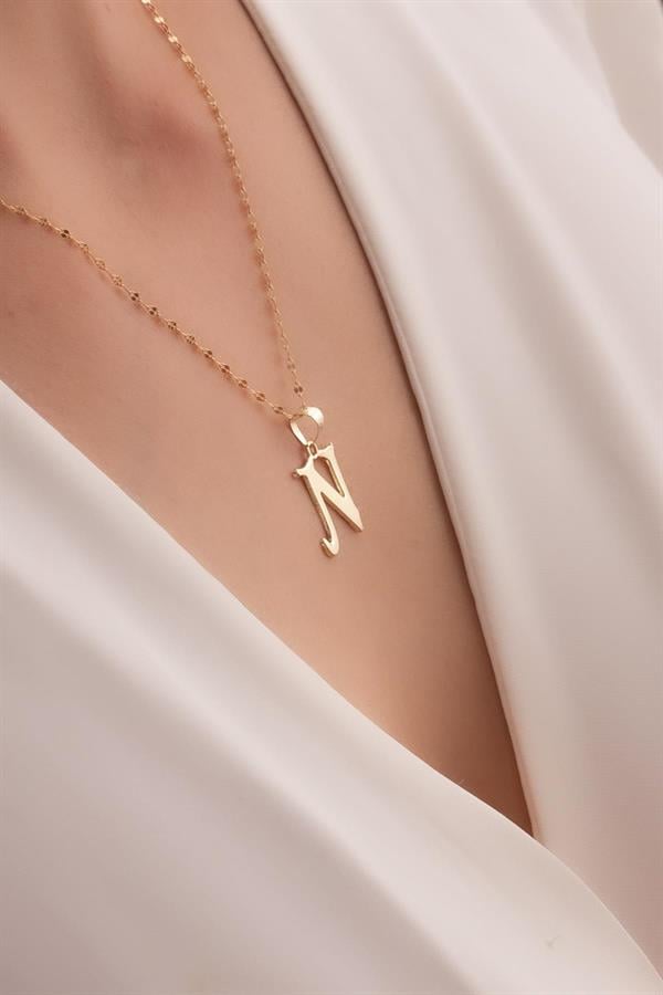 14K Solid Gold N Letter Cute Necklace