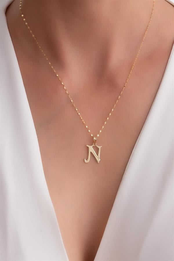 14K Solid Gold N Letter Cute Necklace