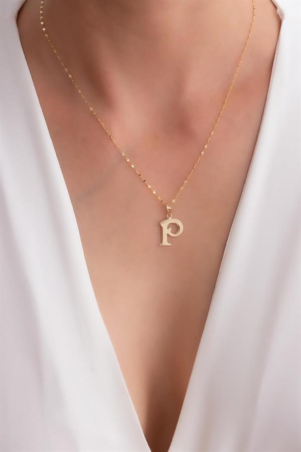 14K Solid Gold P Letter Cute Necklace