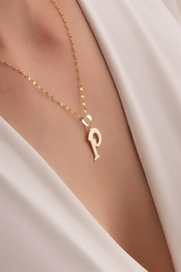 14K Solid Gold P Letter Cute Necklace