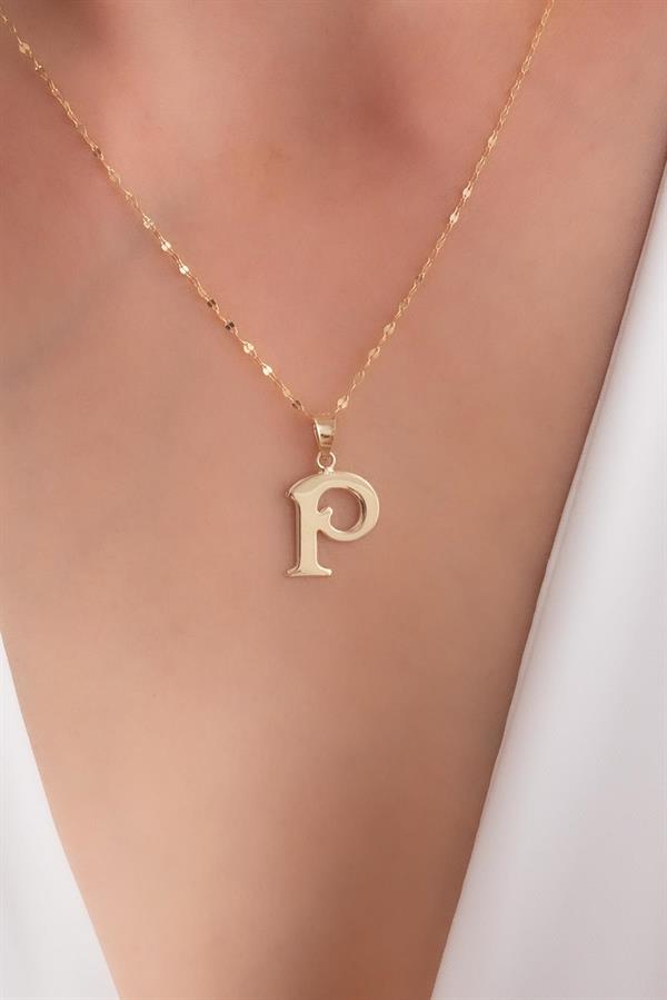 14K Solid Gold P Letter Cute Necklace