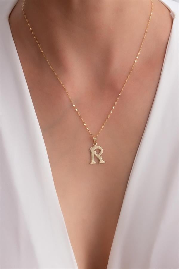 14K Solid Gold R Letter Cute Necklace