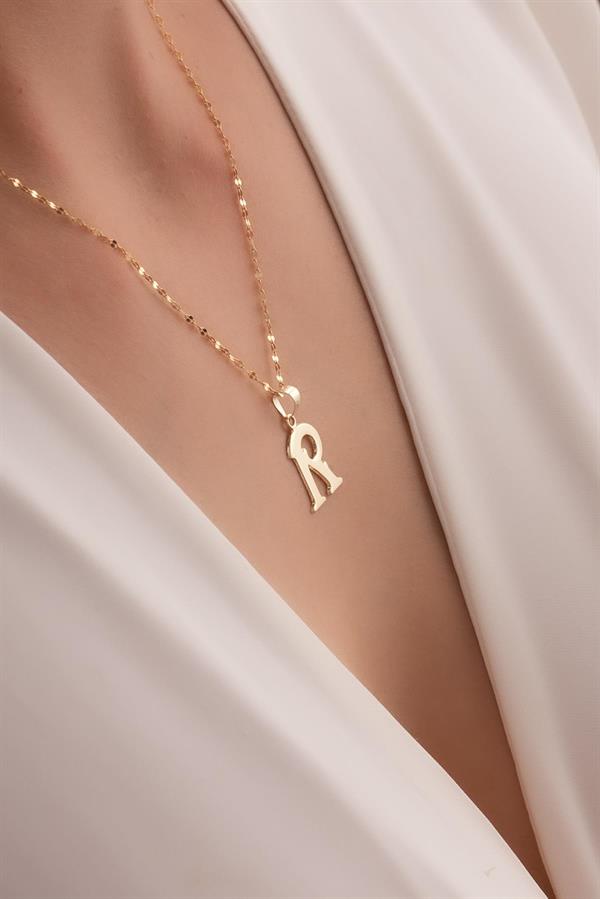 14K Solid Gold R Letter Cute Necklace