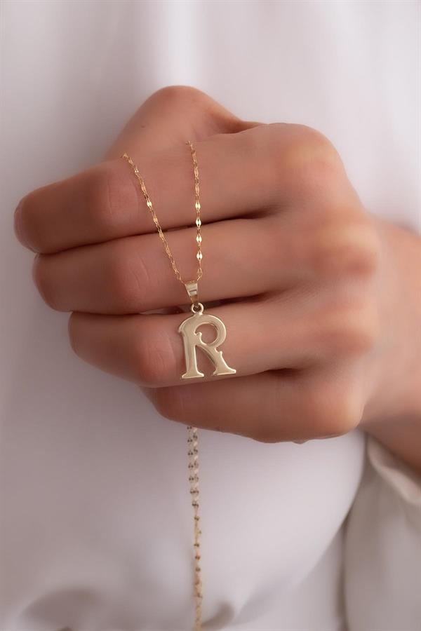 14K Solid Gold R Letter Cute Necklace