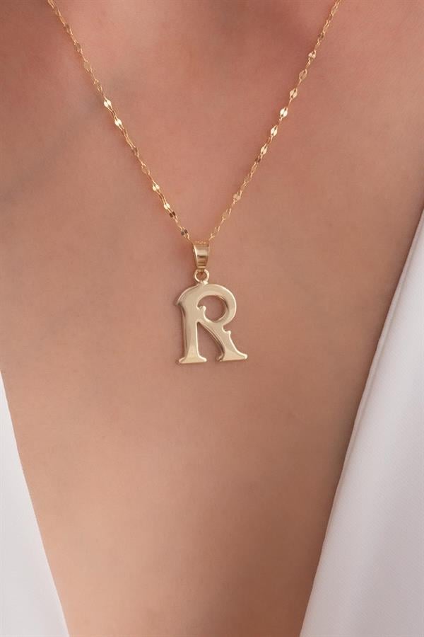 14K Solid Gold R Letter Cute Necklace