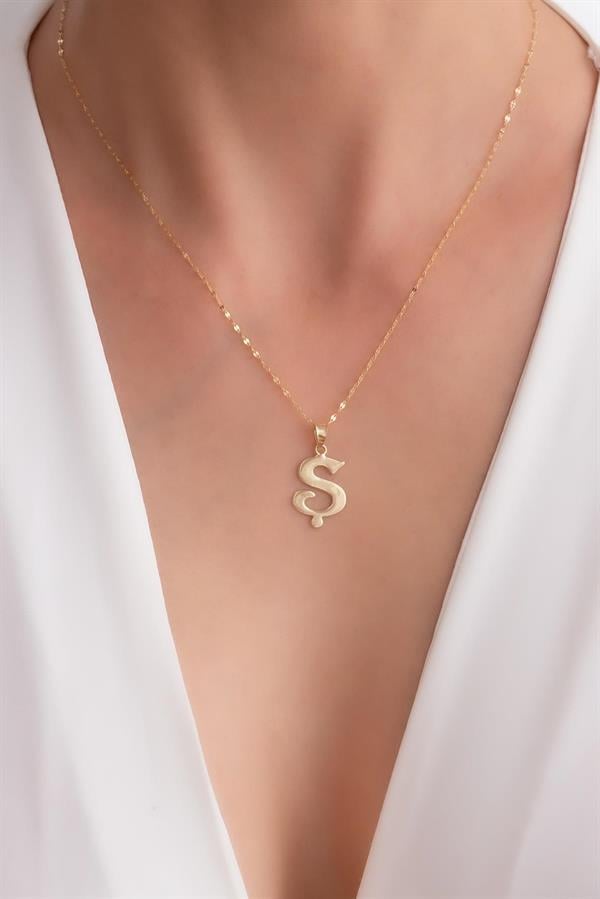 14K Solid Gold S Letter Cute Necklace