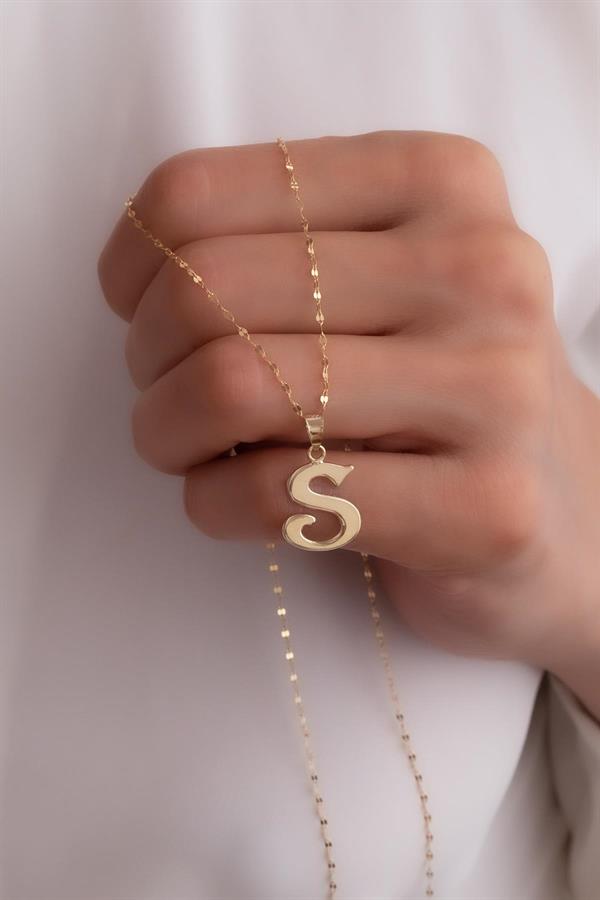 14K Solid Gold S Letter Cute Necklace