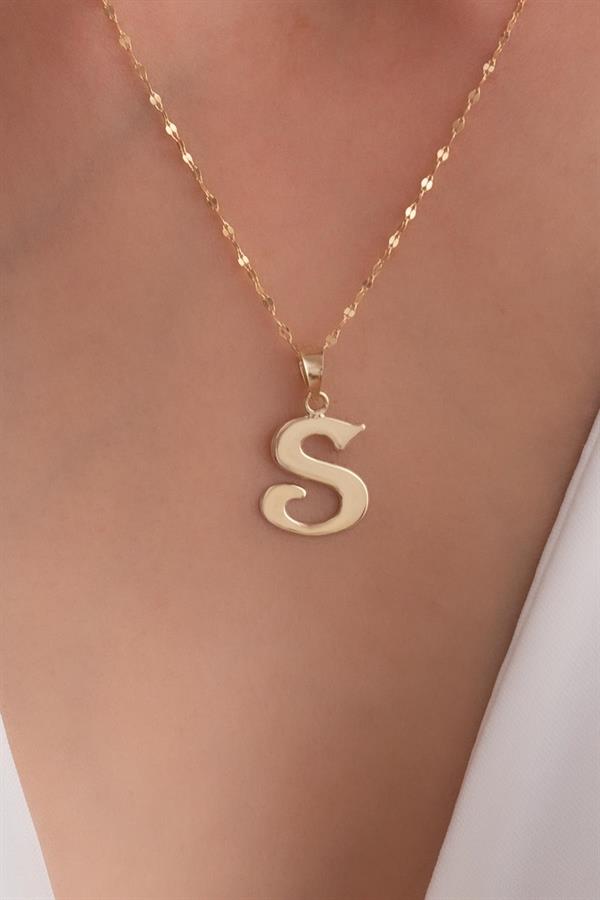 14K Solid Gold S Letter Cute Necklace