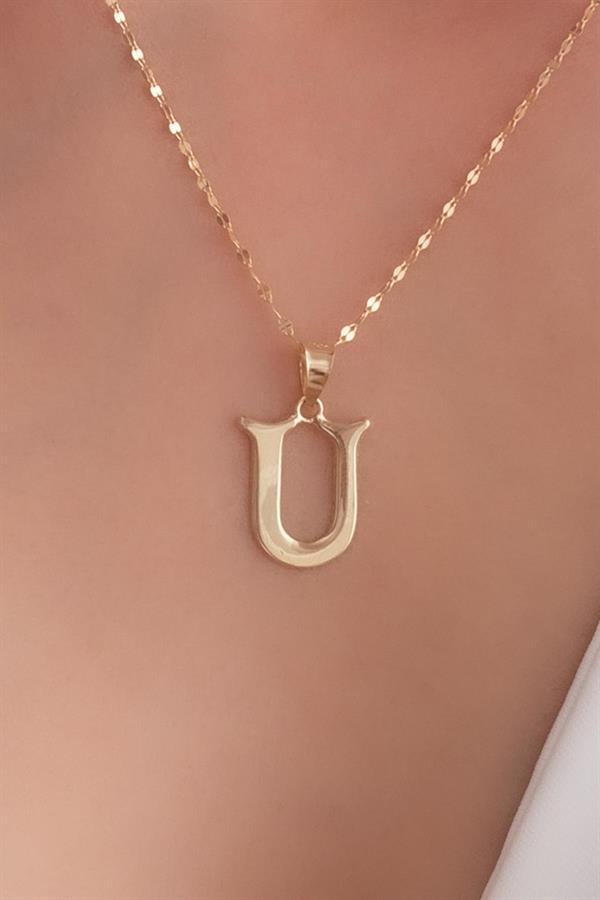 14K Solid Gold U Letter Cute Necklace