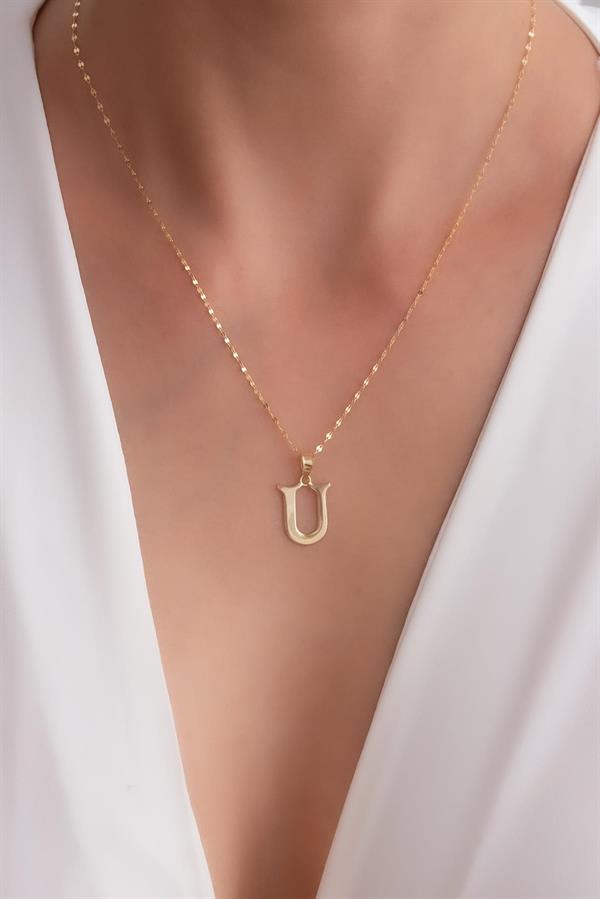 14K Solid Gold U Letter Cute Necklace