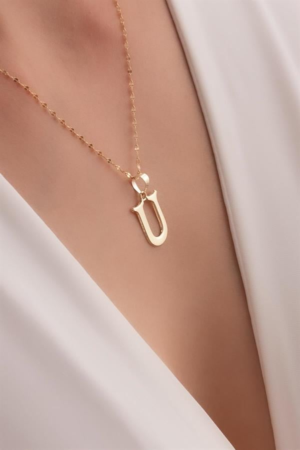 14K Solid Gold U Letter Cute Necklace