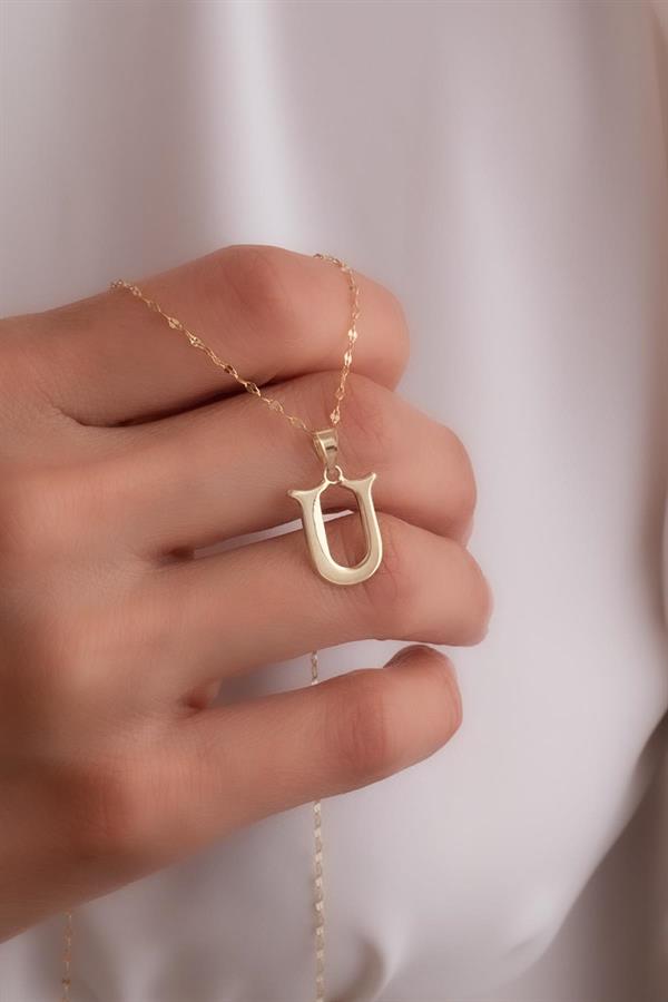 14K Solid Gold U Letter Cute Necklace