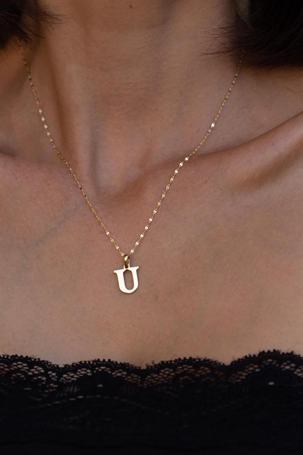 14 Ayar Altın U Harf Plaka Kolye