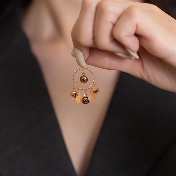 14K Solid Gold Sequined Red Stone Pendant