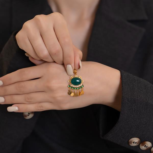 14K Solid Gold Sequined Green Stone Necklace