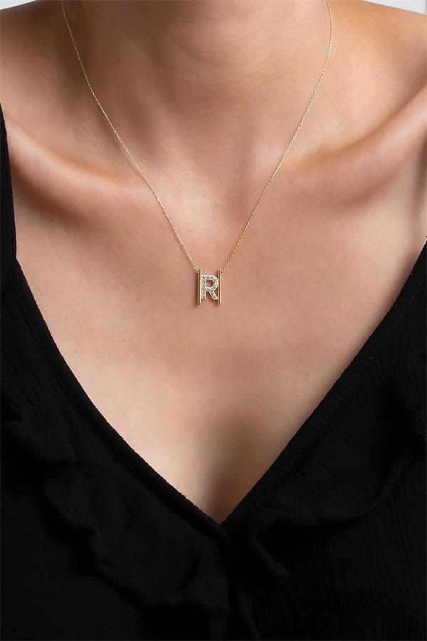 14 Ayar Altın R Harfi Taşlı Kolye