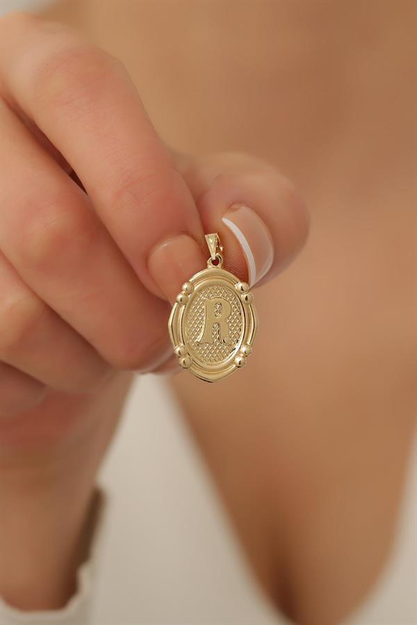 14 Ayar Altın R Harfli Retro Kolye Ucu