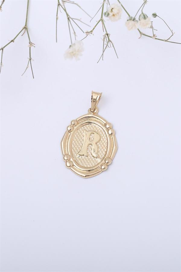 14 Ayar Altın R Harfli Retro Kolye Ucu