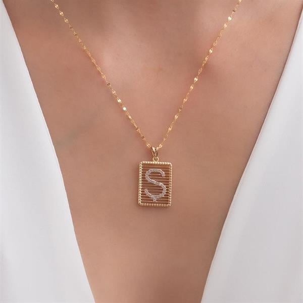 14K Solid Gold Letter S Necklace with Stones